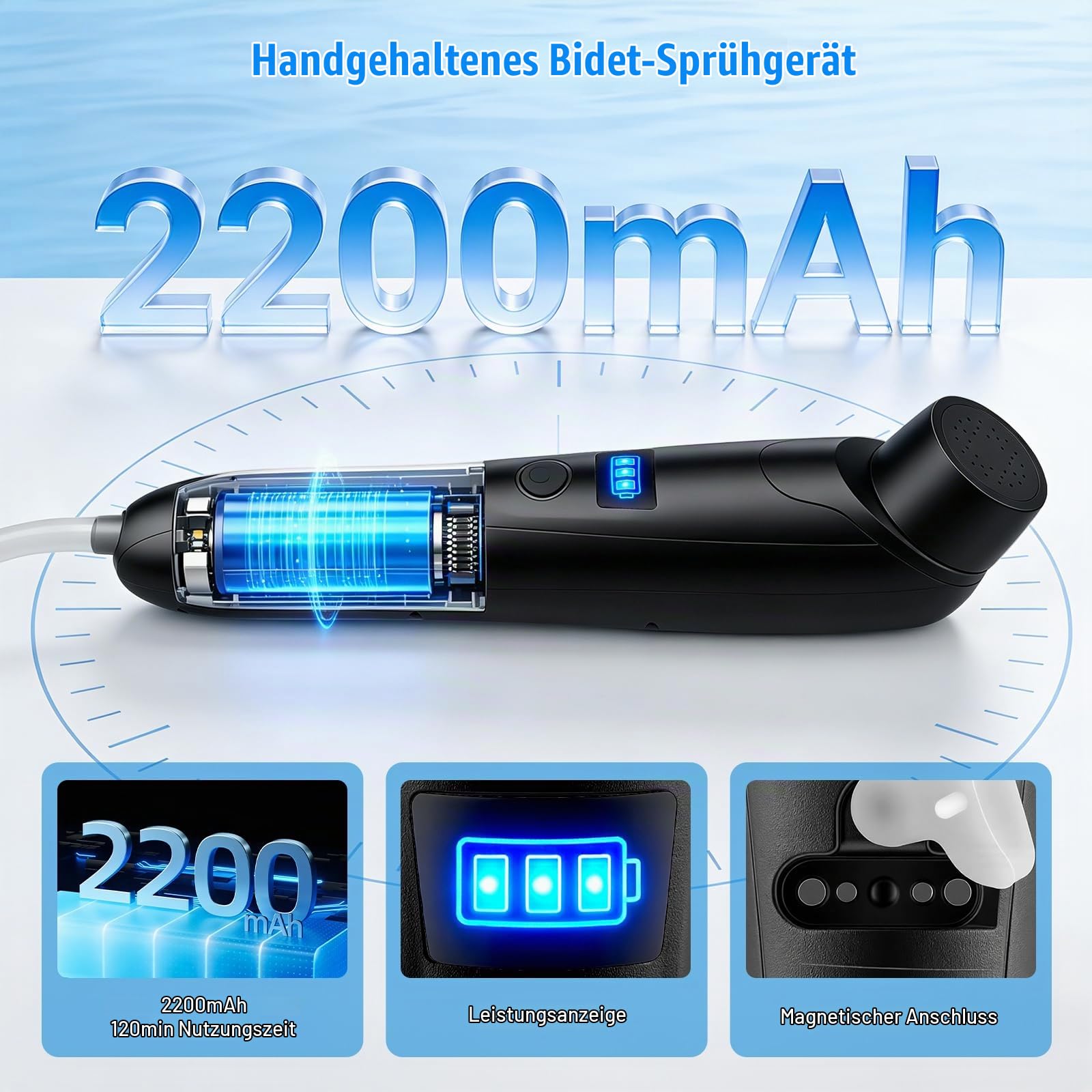 Portable Bidet 2,5L mit USB-Aufladung, Elektrische Po-Dusche mit verstellbarem Sprühkopf, Bidet Portable für Hygiene unterwegs, inkl. Schlauch, Sprühkopf, Ideal für Zuhause, Camping, Reisen Schwarz