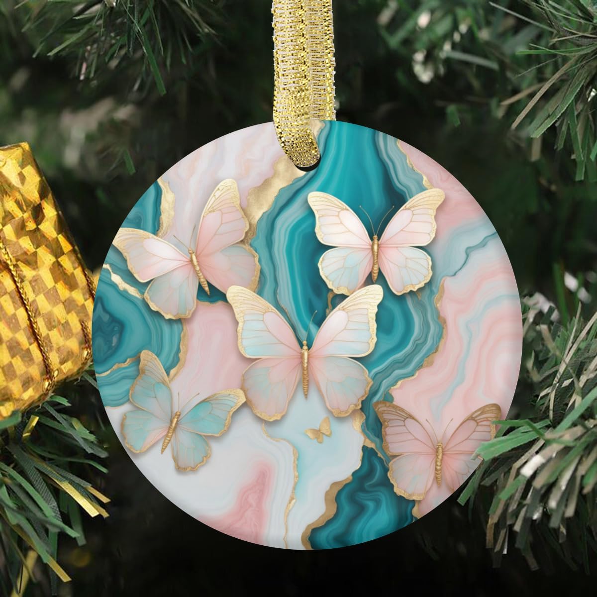 Double-Sided Ceramic Christmas Ornament Xmas Abstract Pretty Butterfly Cute Pastel Teal Blue Pink and Gold Marble Print Butterflies Pattern Design Custom Holiday Tree Decor | 3-Inch