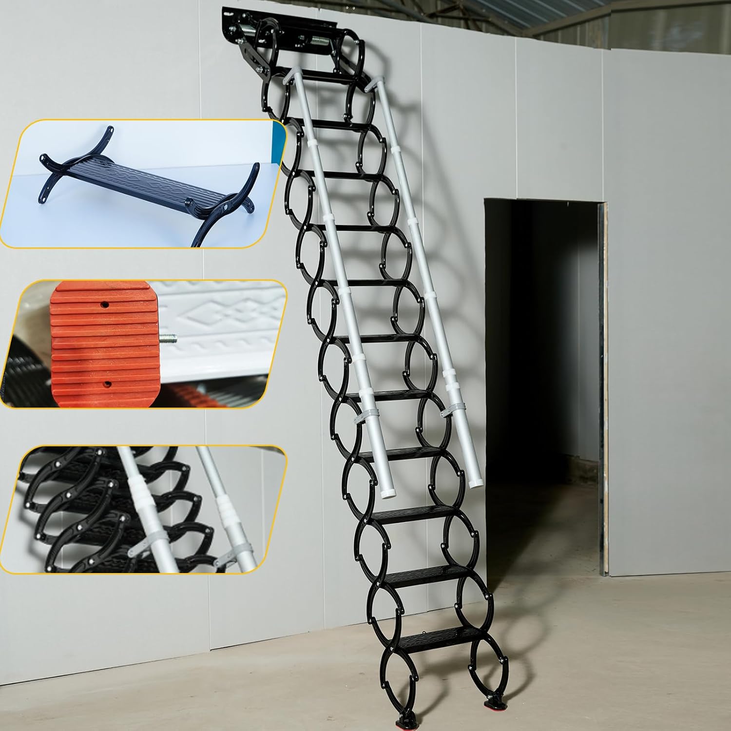 12 Stpes Wall-Mounted Folding Stairs, Telescopic Attic Ladder, Pull Down System Folding with Handrail, Applicable Height is 9.6-10ft, Extendable Ladder for Home Garage Attic (White, 9.6-10ft)
