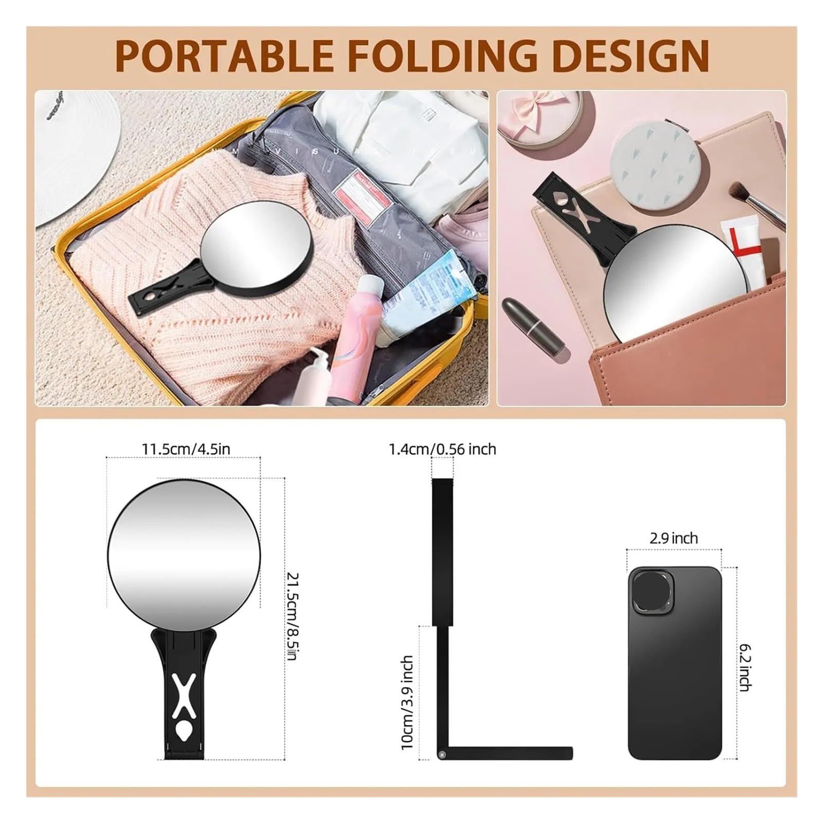 Tragbarer Schminkspiegel 10-facher Vergrößerungsspiegel for Reisen mit Griff, doppelseitiger 1-fach/10-facher Vergrößerungshand for Make-up, for den Schreibtisch(Black-10X)