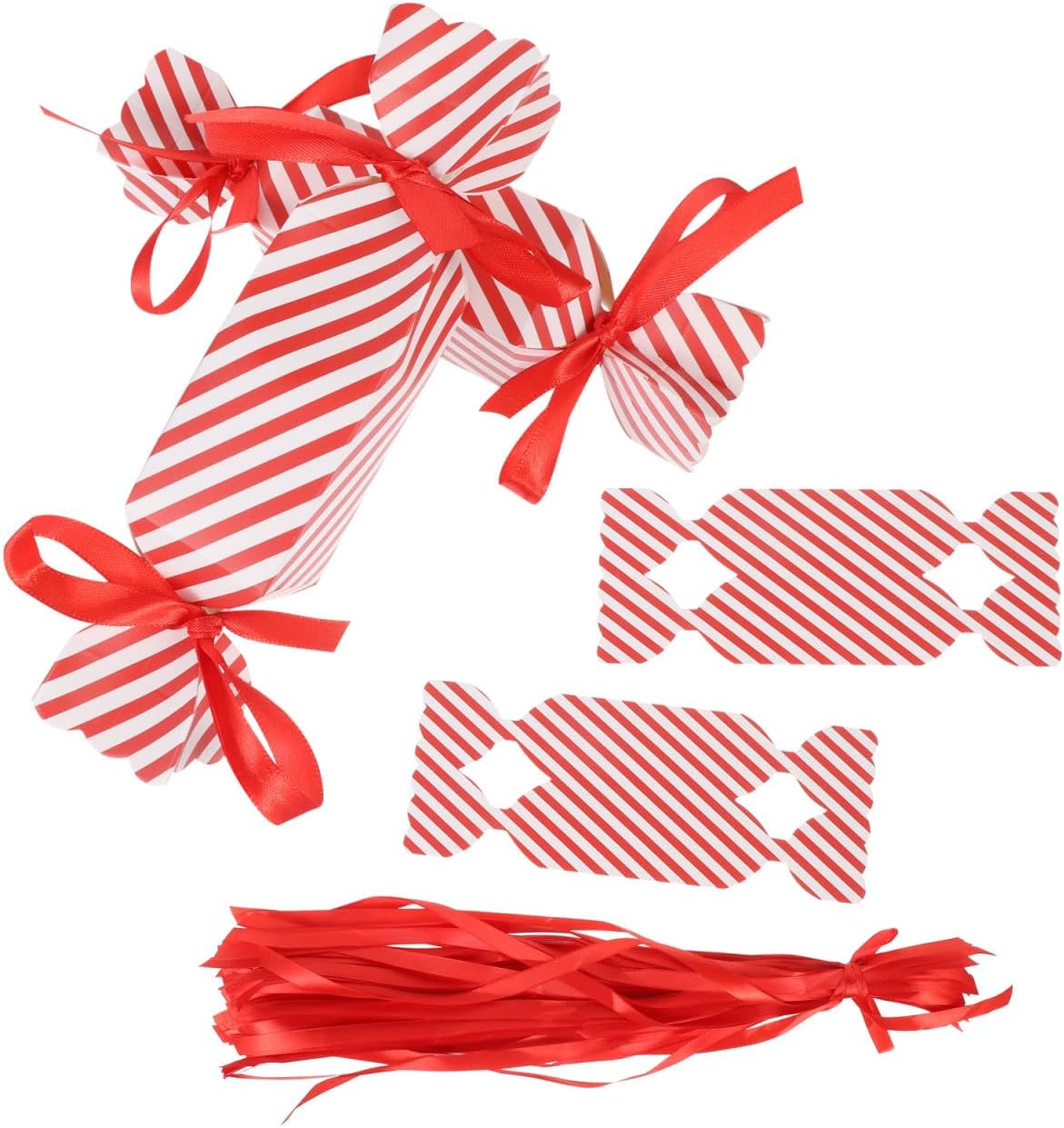 Hemoton Christmas Candy Boxes 50pcs Paper Treat Bags with 100 Ribbons Red Stripe Festival Wrapping Supplies for Party Favor Packaging and Holiday Candy Storage