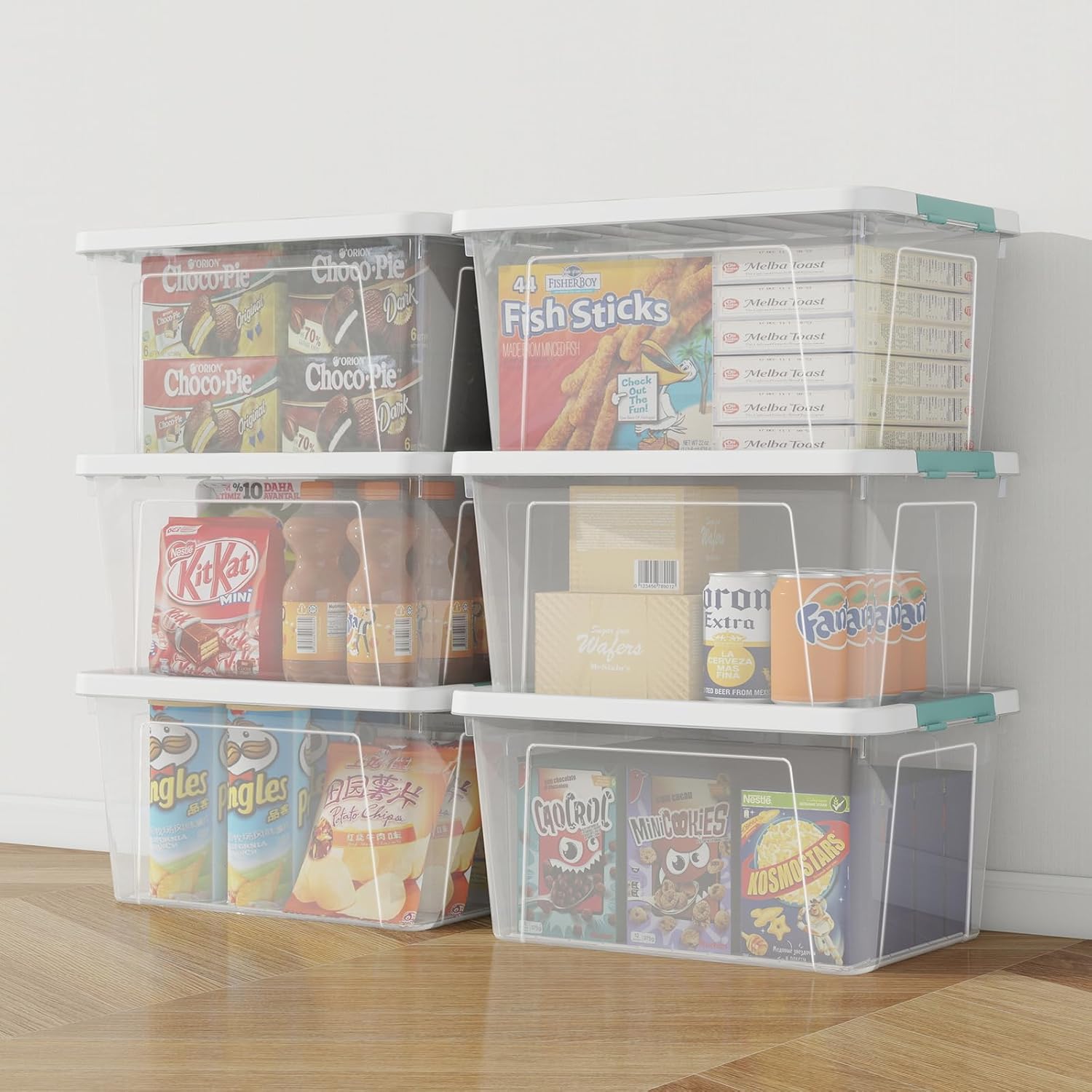 35 Quart Clear Lidded Storage Bins, Plastic Latching Organizer Boxes, 6 Pack