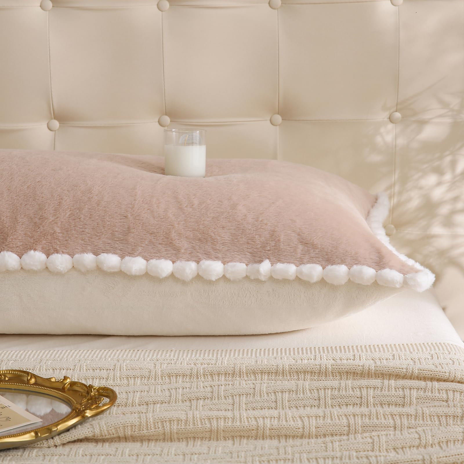 Chumerry Taupe Fluffy Body Pillow Cover White Pom Pom Pillowcase Decorative Long Pillow Cover Extra Soft Fuzzy Plush Faux Fur Body Pillow Case 1 Pcs, 20 x 54 Inch