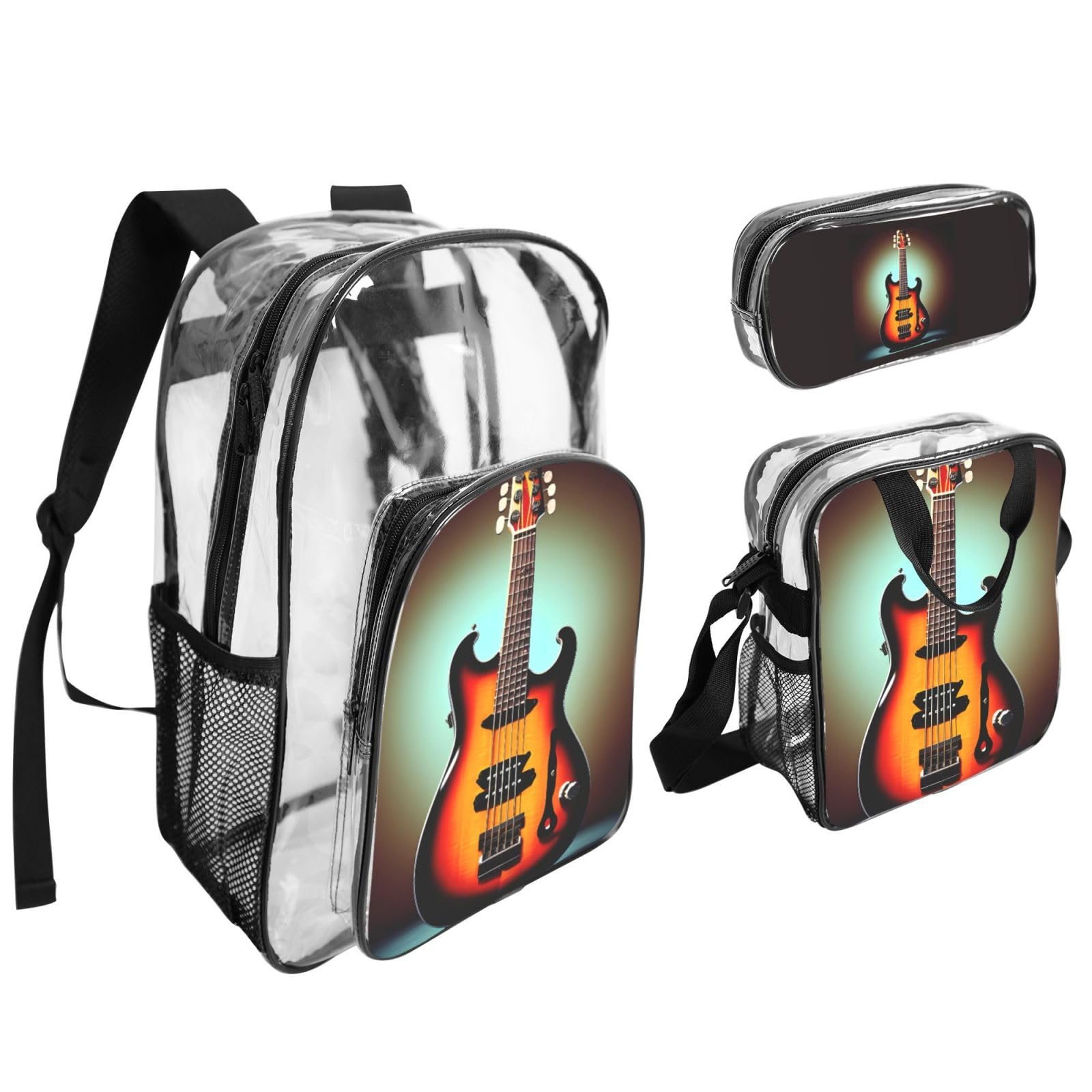 Gitara basowa muzyka instrument muzyczny nadruk kobiety mężczyźni dzieci przezroczysty plecak zestaw szkoła podróż przezroczysty 3-częściowy pojemnik na lunch