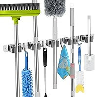 voze 5-Slot 4-Hook Stainless Steel Broom Mop Holder Wall Mount - Heavy Duty Self-Adhesive Organizer for Garage, Kitchen, Laundry