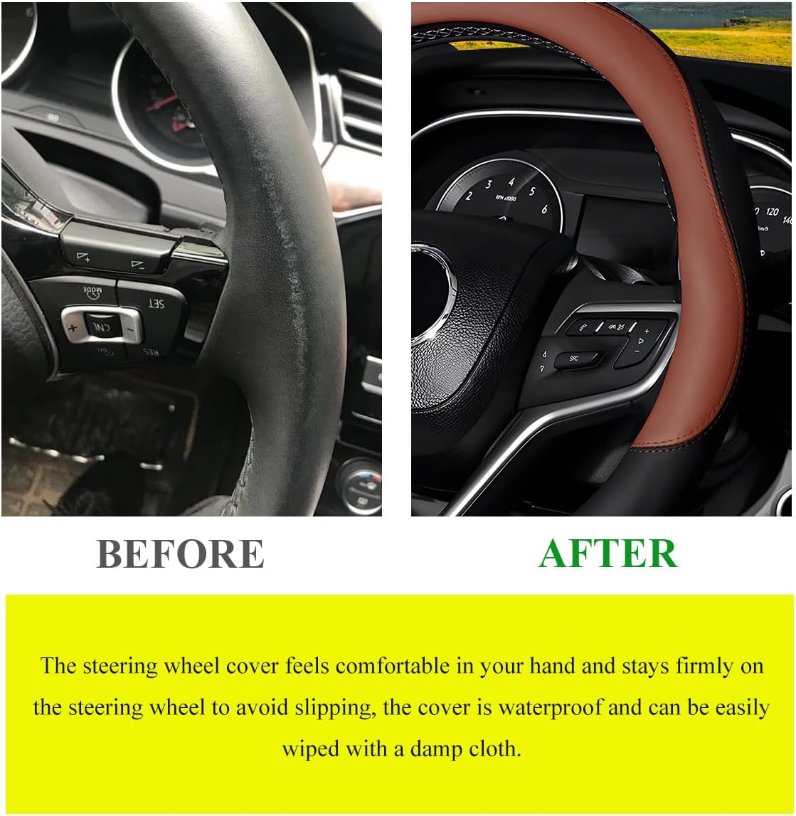 Car Steering Wheel Cover, Premium Leather Steering Wheel Protector with Anti-Slip Lining, Universal 15" Soft Breathable Auto Steering Wheel Cover, Interior Car Accessories (Black&Coffee) - Image 6