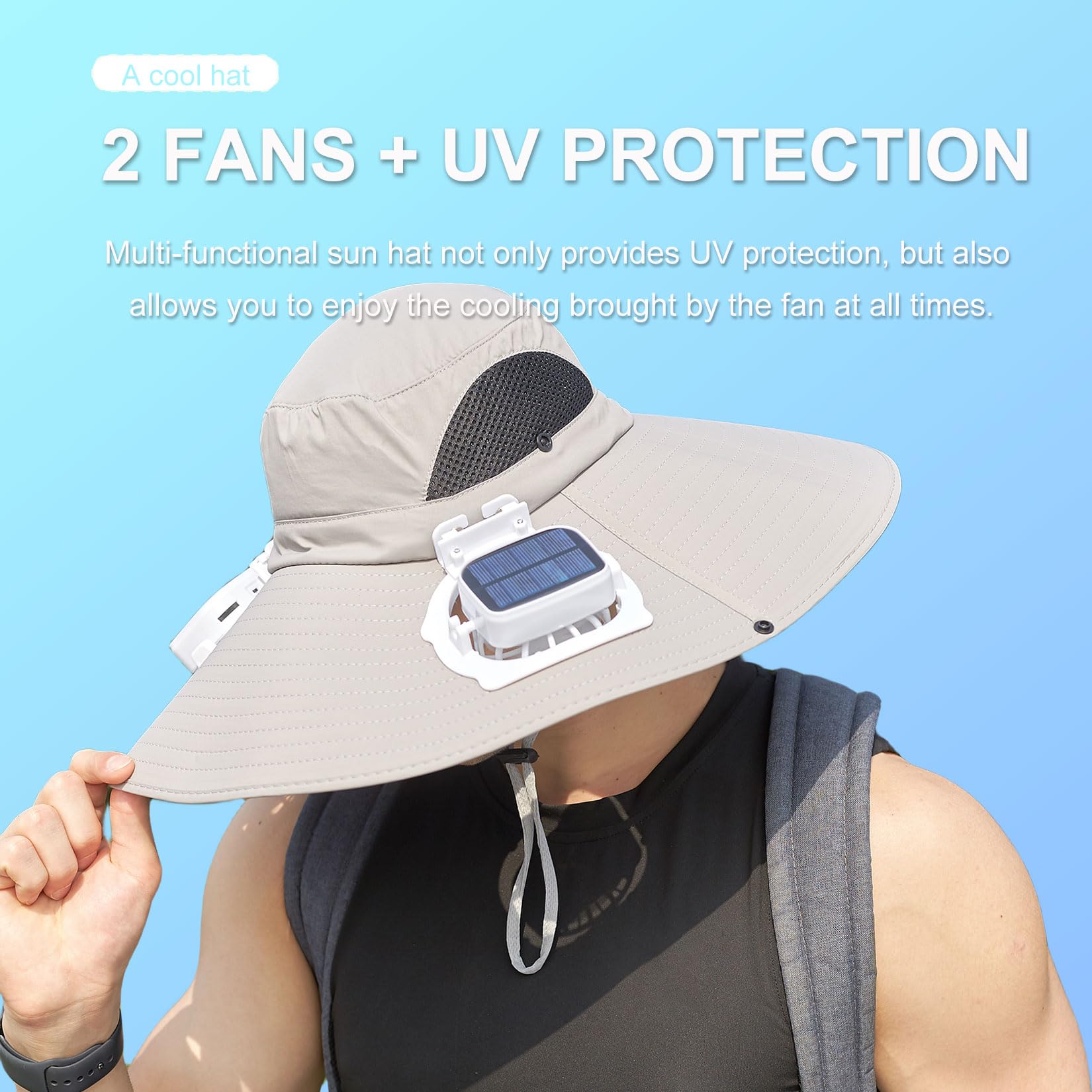 Cappello da pesca da uomo con 2 ventilatori solari Cappello da pescatore solare con protezione UV a tesa larga da 6" Cappelli a secchiello unisex per escursioni in spiaggia,Grigio,One Size