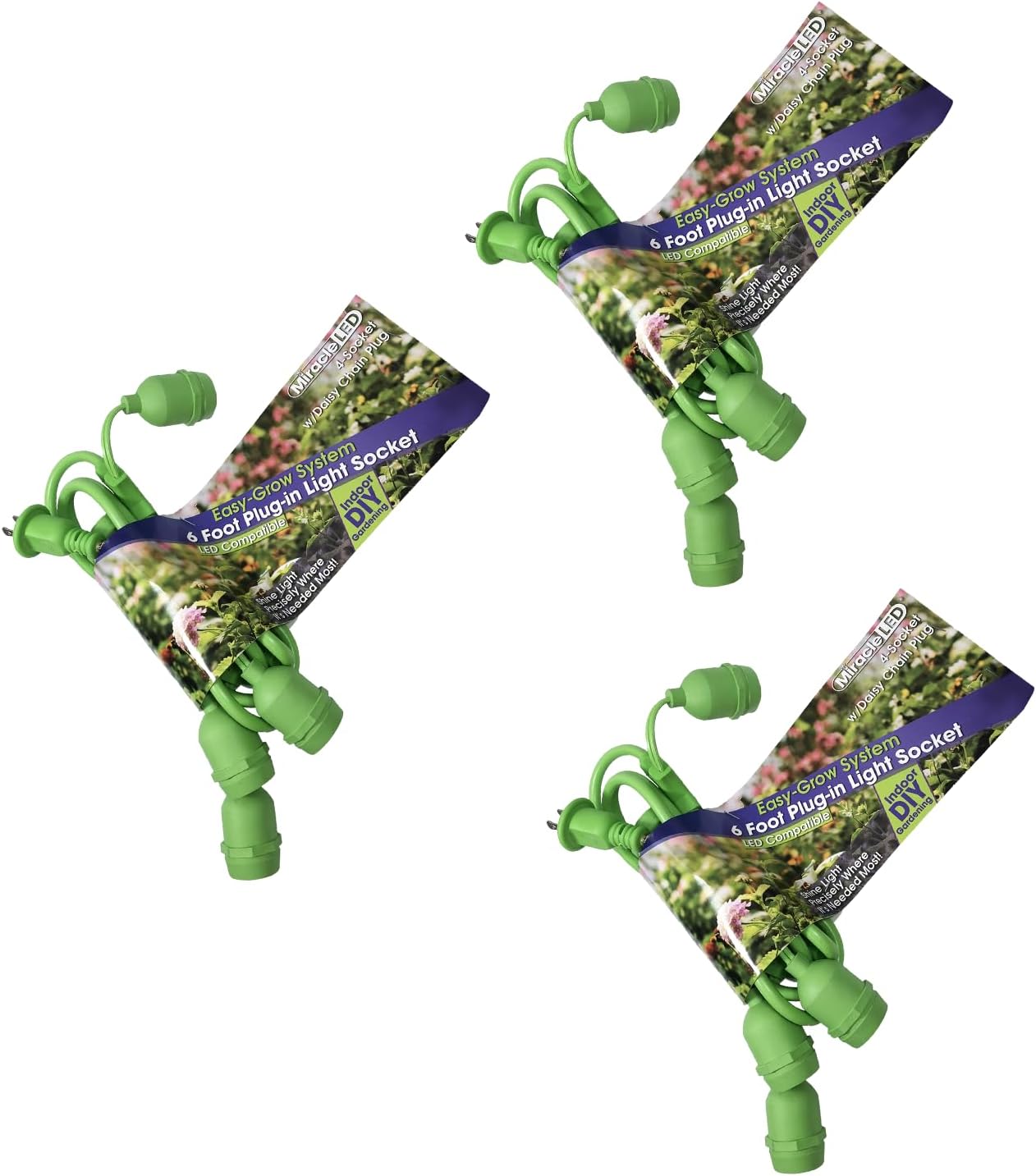 Miracle LED 6-Foot 4-Socket Corded Lighting Fixture for Grow Tents and Indoor Garden, Green (3-Pack)
