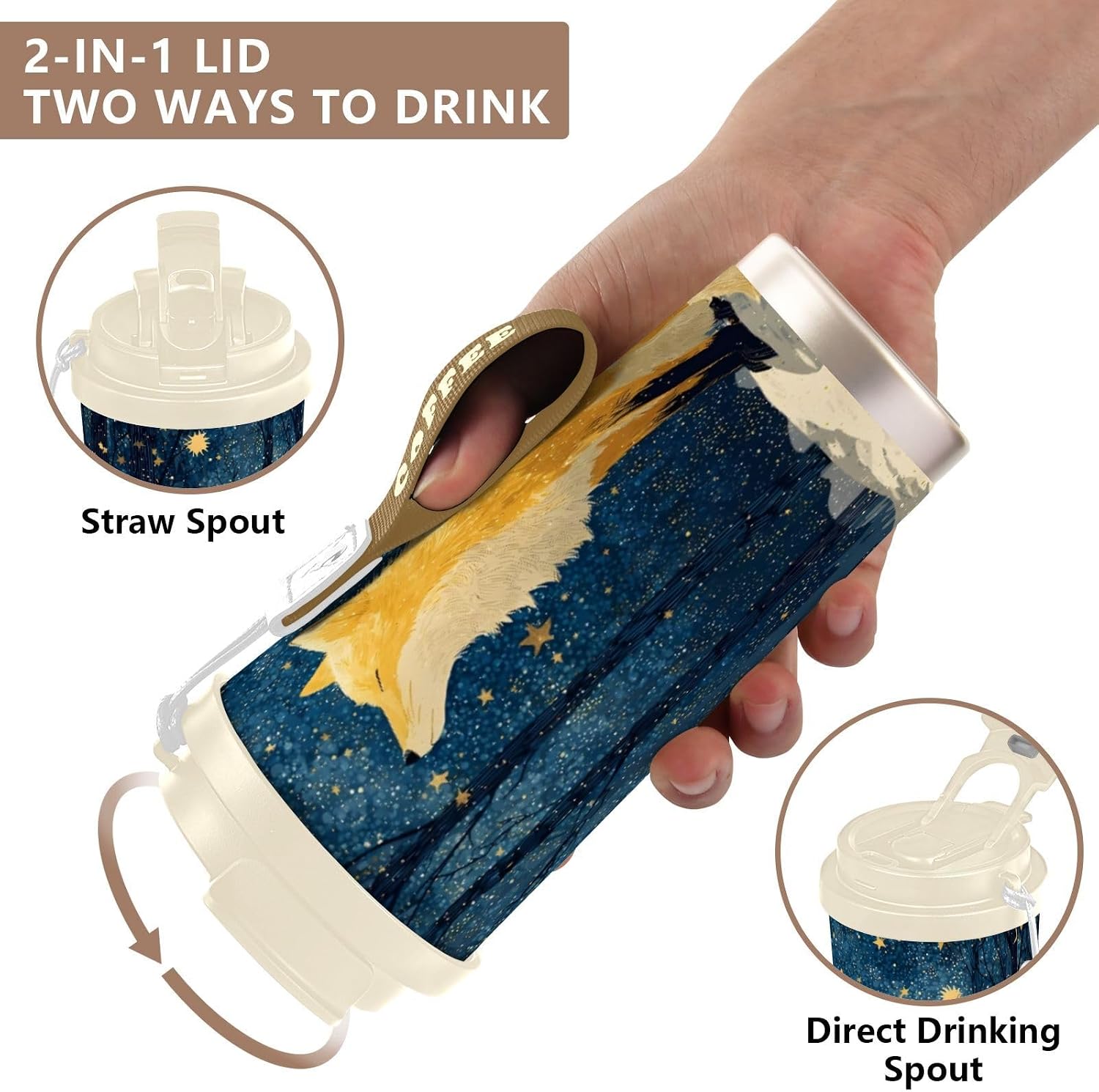 Insulated Coffee Mug Fox Forest Starry Night with Straw & Flip Lid, 16.9oz Iced Tumbler Cup, Double Wall Vacuum Mug for Travel Office Camping