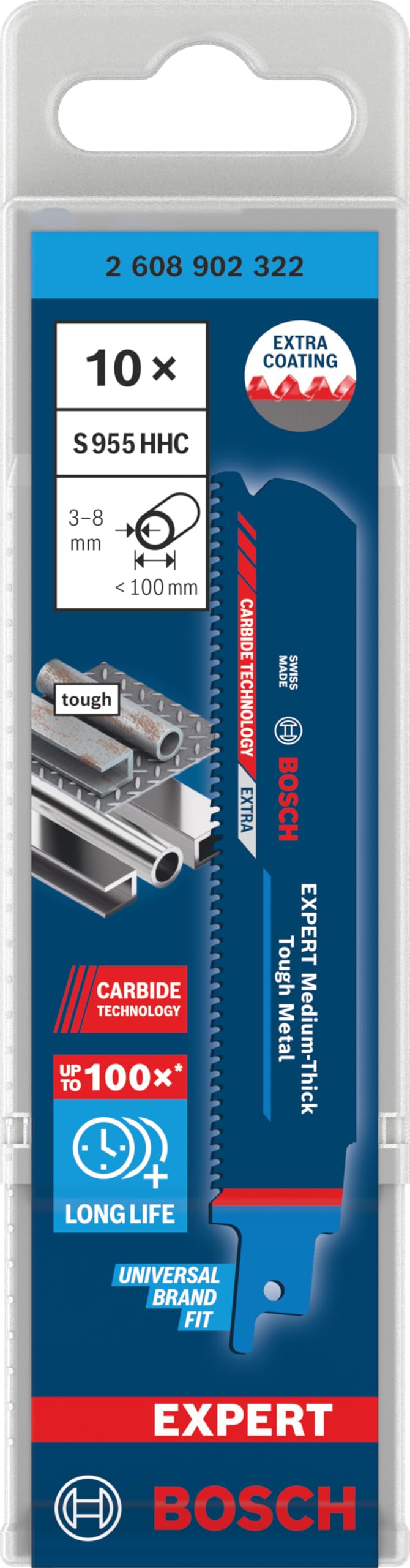 Bosch 10x Lama EXPERT Medium-Thick Tough Metal S955HHC (per Acciaio, Tubi in acciaio inossidabile, Lunghezza 150 mm, Professional Accessorio Sega universale)