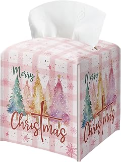 Colorful Christmas Tree Box Cover Square, Pink Checkered Decorative Tissue Box Holder, Waterproof Leather Tissues Boxes Dispenser for Bathroom, Bedroom Nightstand, Office, Car Home Decor