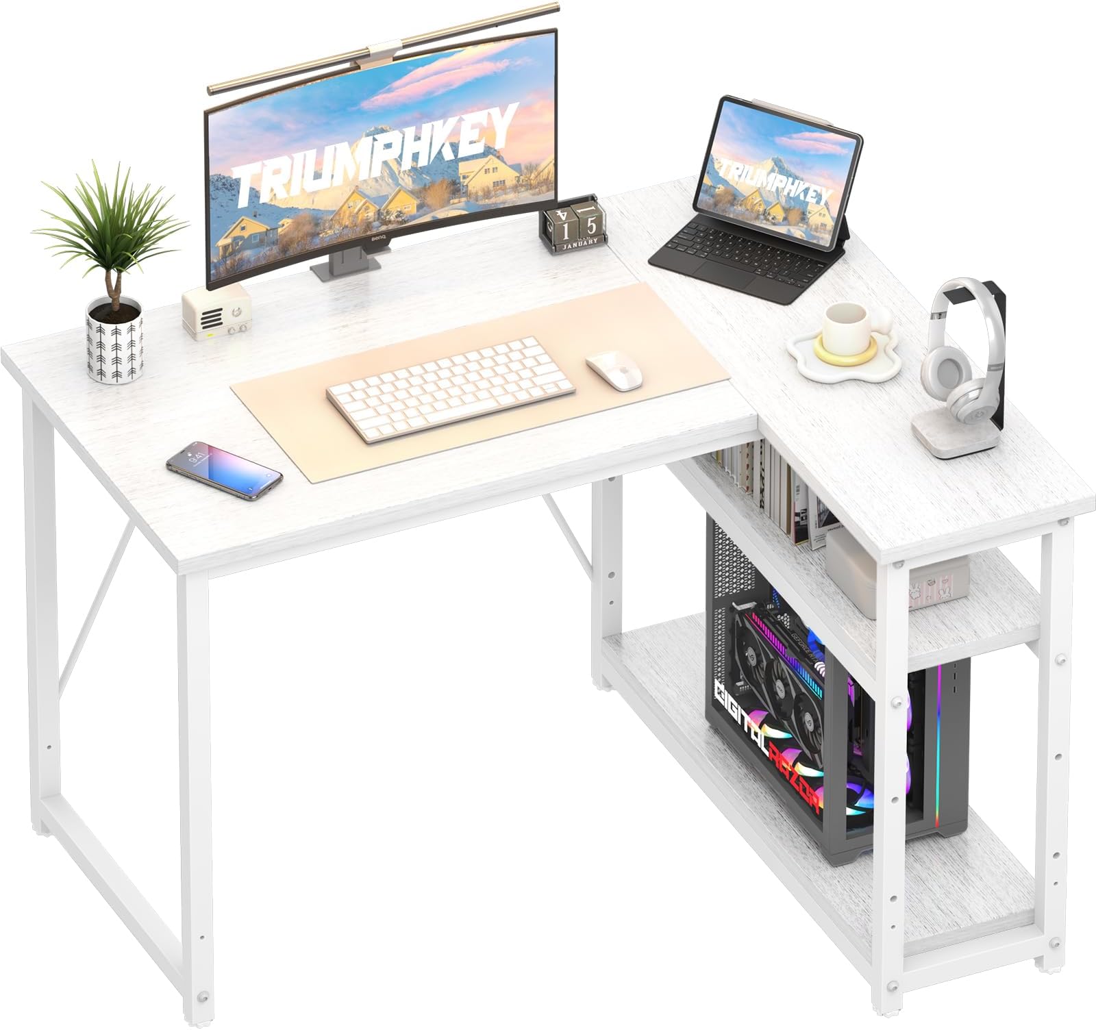TRIUMPHKEY 100 * 80cm L Shaped Computer Desk with Reversible Large Storage Shelves, Corner Desk Computer Workstation Matching Under Desk Height Adjustable Storage, Home Office Work Table White