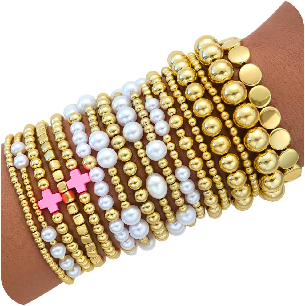16 PCS Gold Bracelets for Women, Dainty Bracelets Set for Women Trendy, Gold Stackable Cuban Link Paperclip Chain Bracelet Pack Jewelry Gifts for Women