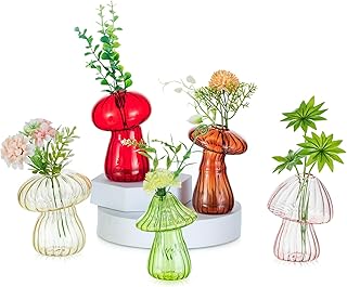 Glasseam Mushroom Plant Propagation Stations: Cute Glass Terrarium Jar Propagation Vase Set of 5 Hydroponic Planters for Home Room - Unique Colorful Mushroom Decor Gifts for Plant Lovers