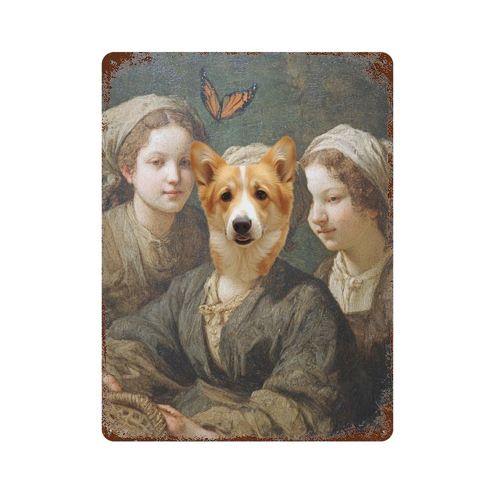 Corgi with Two Girls Decorative Tin Sign 15.7"x11.8", Vintage Wall Decor for Basement, Hobby Room And Garage Decor