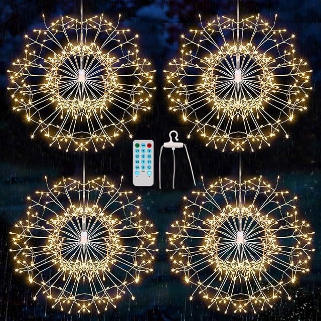 Baicomia 4 Pack 480 LED Firework Starburst Lights Hanging Curtain Lights, USB 8 Modes, Remote Control Fairy Lights Sparkle Light Decorative Light for Garden, Christmas, Party, Indoor, Outdor