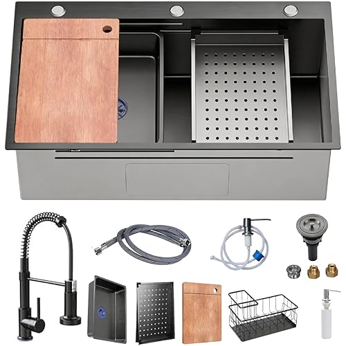 30 x 18 inch Kitchen Sink, Single Bowl Stainless Steel Gunmetal Black Topmount Multifunctional Drop In Sink with Pull-Down Faucet (Black, 3018)