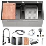 30 x 18 inch Kitchen Sink, Single Bowl Stainless Steel Gunmetal Black Topmount Multifunctional Drop In Sink with Pull-Down Faucet (Black, 3018)