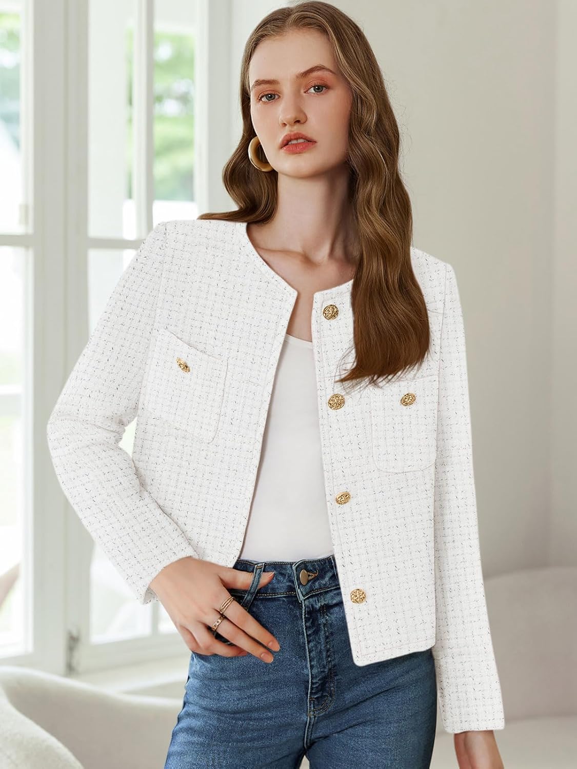 Women's Tweed Blazers Long Sleeve Business Button Down Casual Cropped Blazer Jackets with Pockets - Image 2