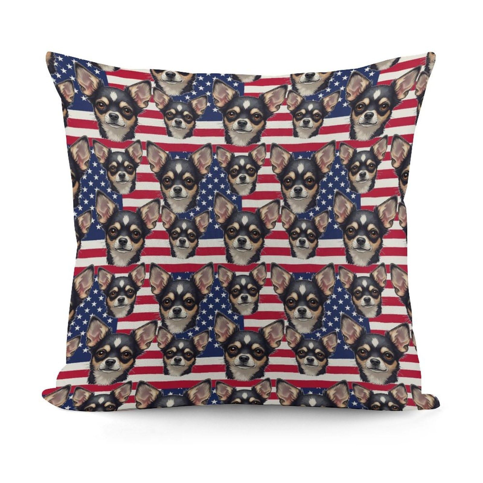 Smazdfxx Picture(14) Unique Pattern Soft Chihuahua American Flag Dog Plush Pillow Cover With Zipper For Sofa, Couch, Living Room Decorative