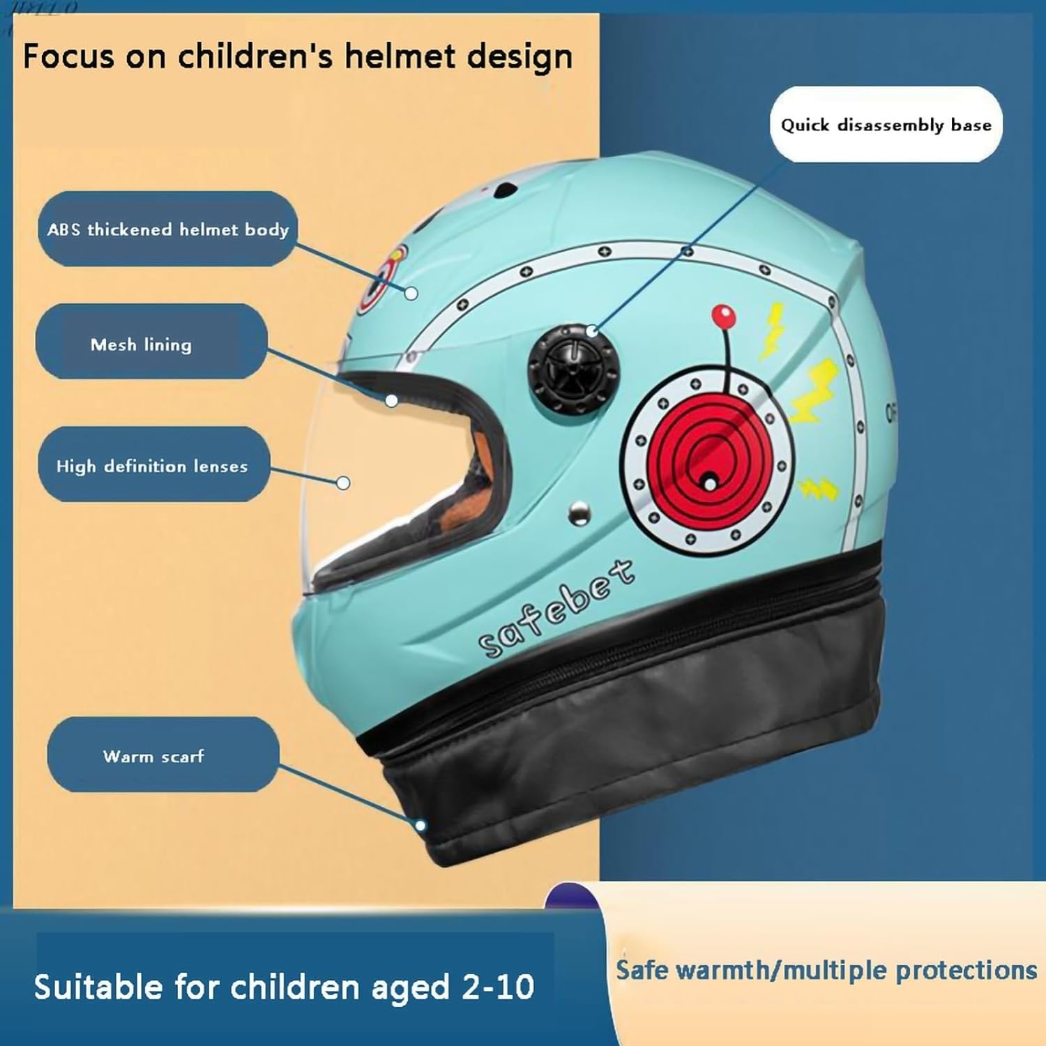 Kinder-Motorradhelm, Integralhelm mit Visier, geeignet für 2- bis 10-Jährige, süßer Cartoon-Helm für Jungen und Mädchen, alle Jahreszeiten D