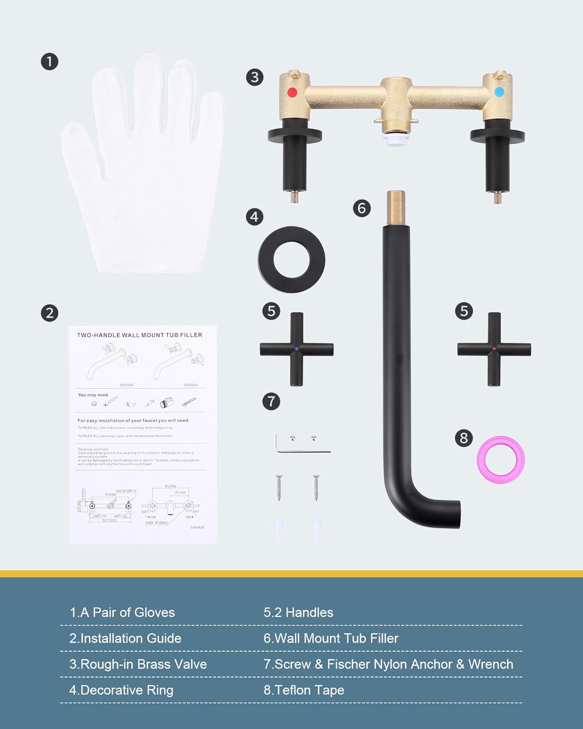 Wall Mount Tub Filler Matte Black, ARCORA Bathtub Faucet Long Spout Reach, 2 Cross Handles Wall Mounted Tub Faucet with Brass Rough in Valve Included