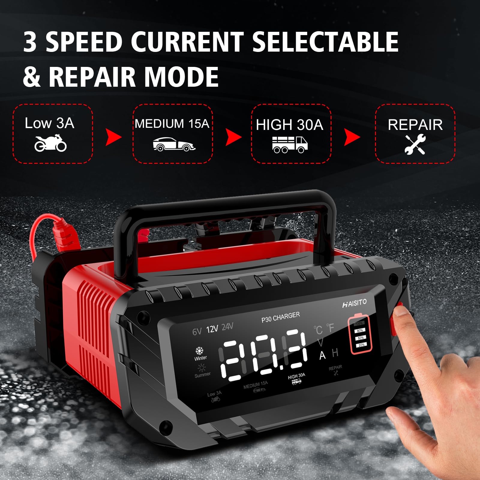 Cargador de batería de coche P30 de 6 V/12 V/24 V, carga rápida inteligente para baterías de iones de litio LiFePO4 de plomo-ácido (AGM, gel, EFB, etc. ), adecuado para vehículos, barcos, maquinaria