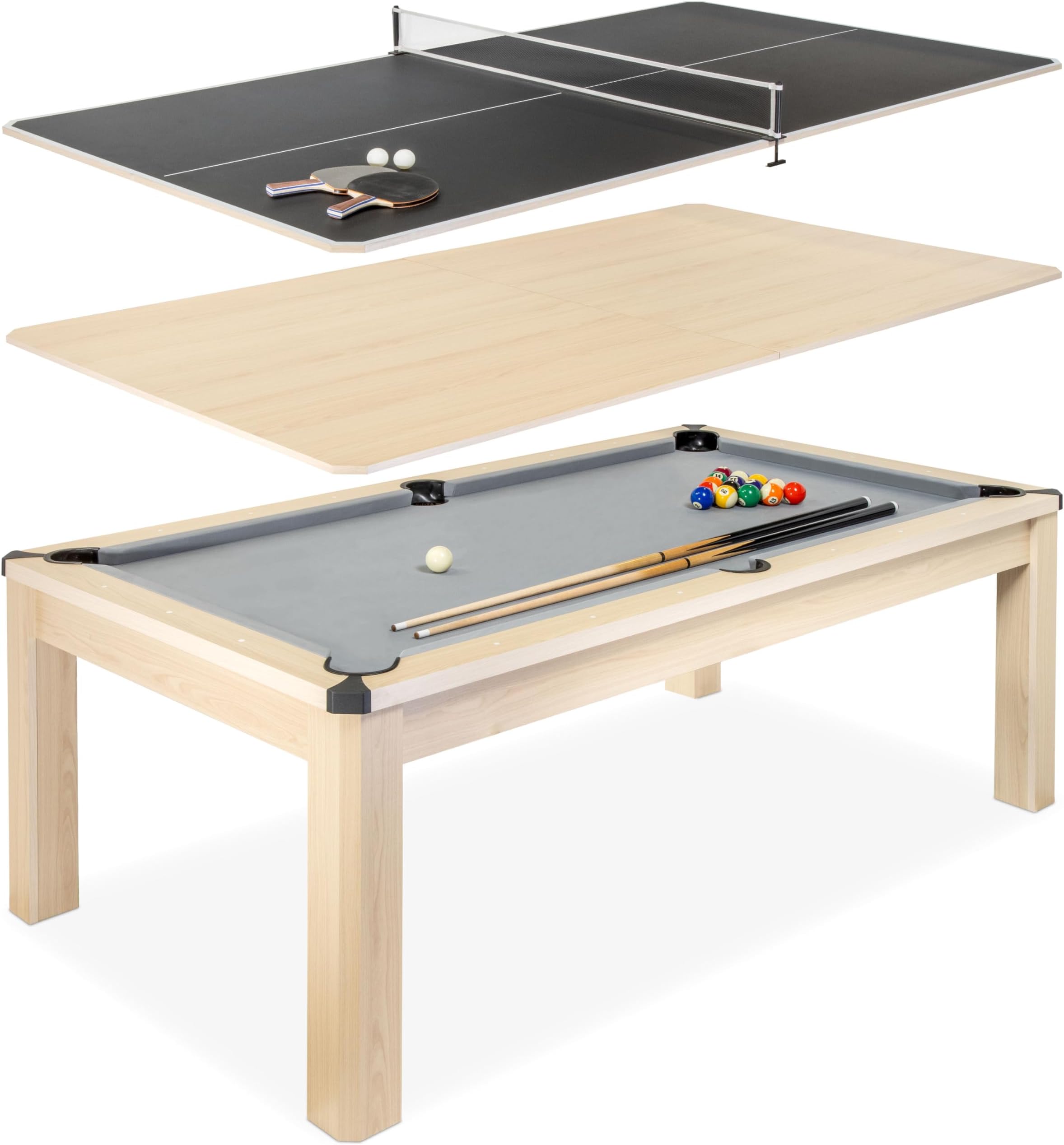 3 in 1 Pool, Dining, & Table Tennis Combo Table and Storage Benches - 7 ft or 8 ft - Convertible Billiards and Table Tennis with Accessories