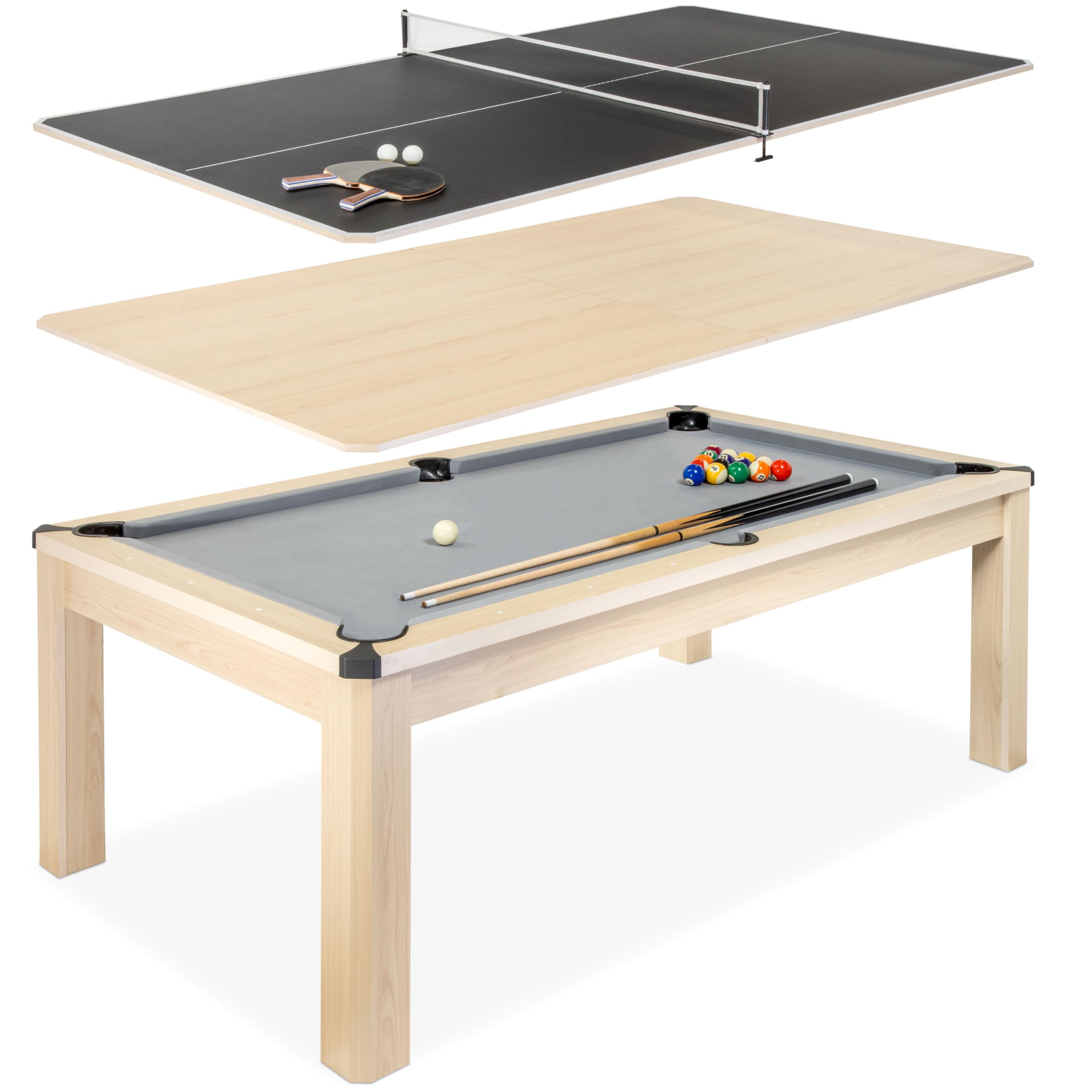 GoSports 7 ft 3 in 1 Pool, Dining, & Table Tennis Combo Table and Storage Benches - Convertible Top Game Table with Billiards and Table Tennis Accessories