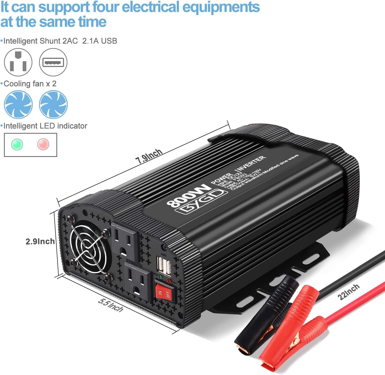 BYGD 800W Power Inverter Converter12v DC to 110v AC Inverter Car Plug Adapter Outlet Charger with Dual AC Outlet and 2 Quick Charging USB Ports for Vehicles, Power Inversor 800 Watts.