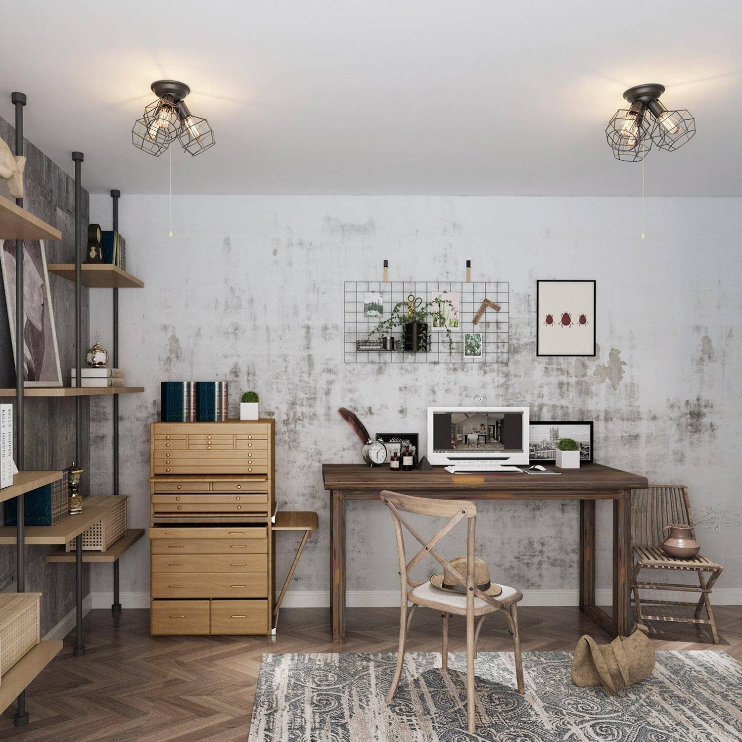 LOG BARN Farmhouse Semi Flush Mount Ceiling Light Fixture, Black Industrial 3-Light Cage Ceiling Light Fixture with Pull Chain for Bedroom, Hallway, Kitchen, Dining & Living Room, Foyer and Bathroom