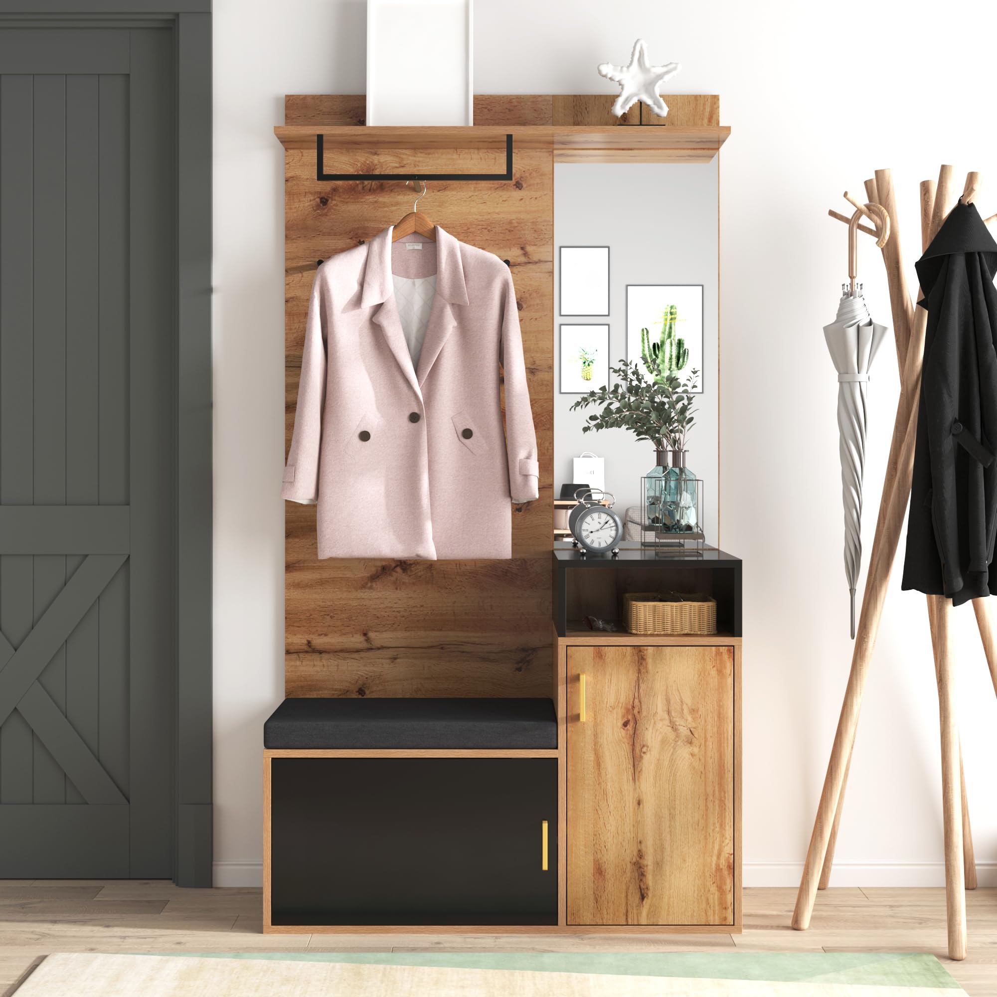 Merax Garderoben-Set mit Spiegel & Schuhschrank, Wandgarderobe 191,5x105x40 cm, 4 Kleiderhaken & Garderobenstange, Sitzbank mit Schuhfächern für 9-12 Paar Schuhe, Flurgarderobe, Schwarz + Holz