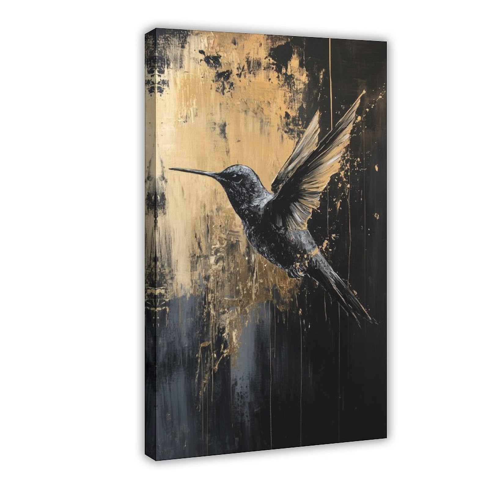 Bareronor Black Gold Abstract Hummingbird Canvas Poster Bedroom Decor Landscape Office Room Decor Gift 12" L X 18" W