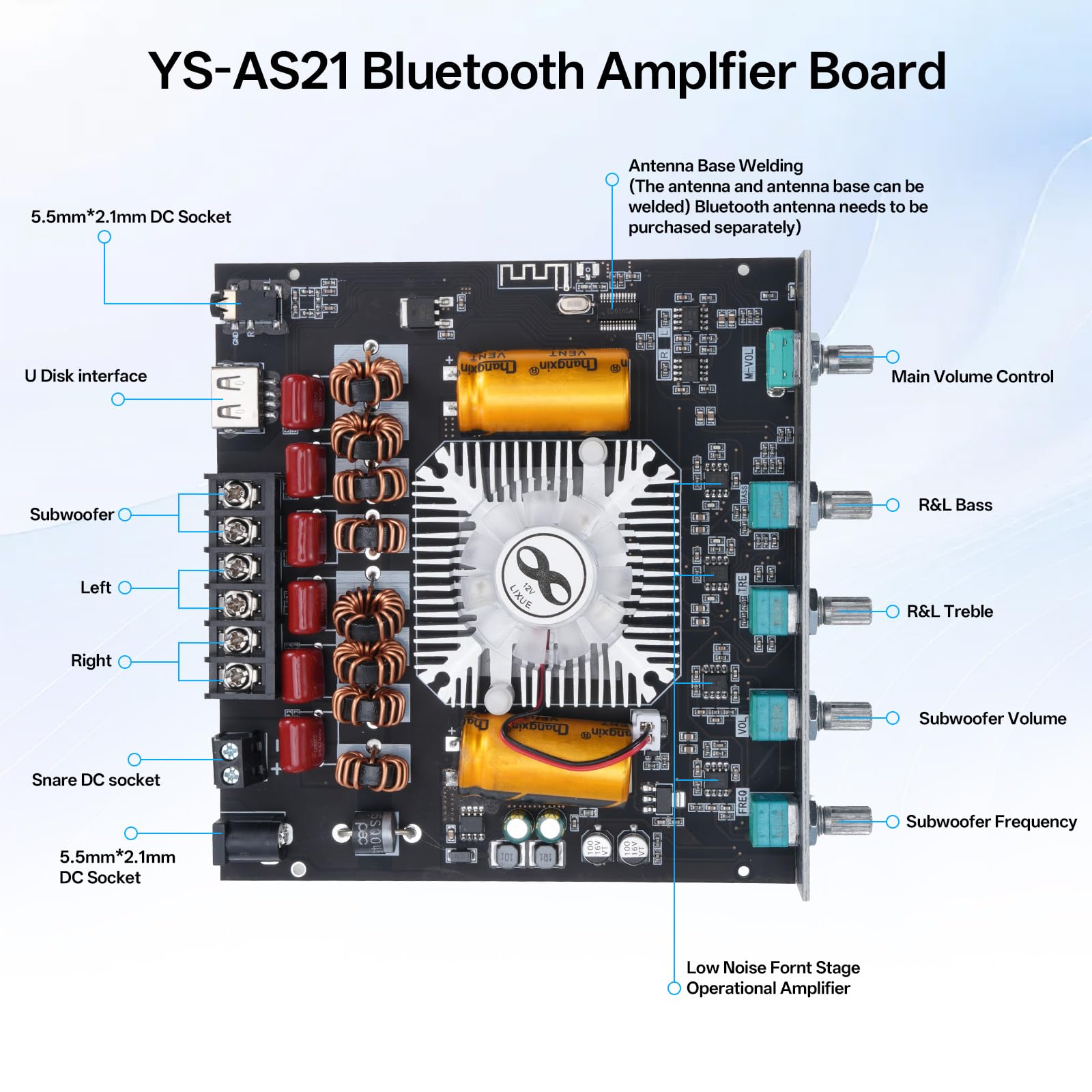 YS-AS21 Amplificateur HiFi avec Bluetooth Mini amplificateur Audio stéréo 2.1 canaux 220 W x 2 + 350 W Mini Module amplificateur stéréo TPA3255 Puce avec TB, USB, AUX, DC 18-38 V pour Haut-parleurs