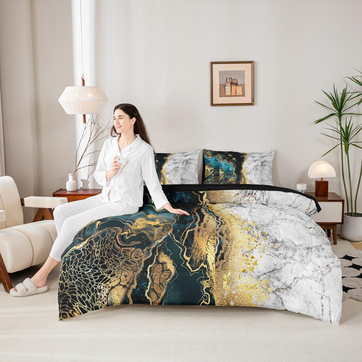 Erosebridal Turquoise Queen Comforter Set with Sheets Bed in A Bag 7 Piece Grey Abstract Marble Bedding Comforter Sets for Adults Men Women,Gold Metallic Sequin Marbling Bed Set Aesthetic Room Decor