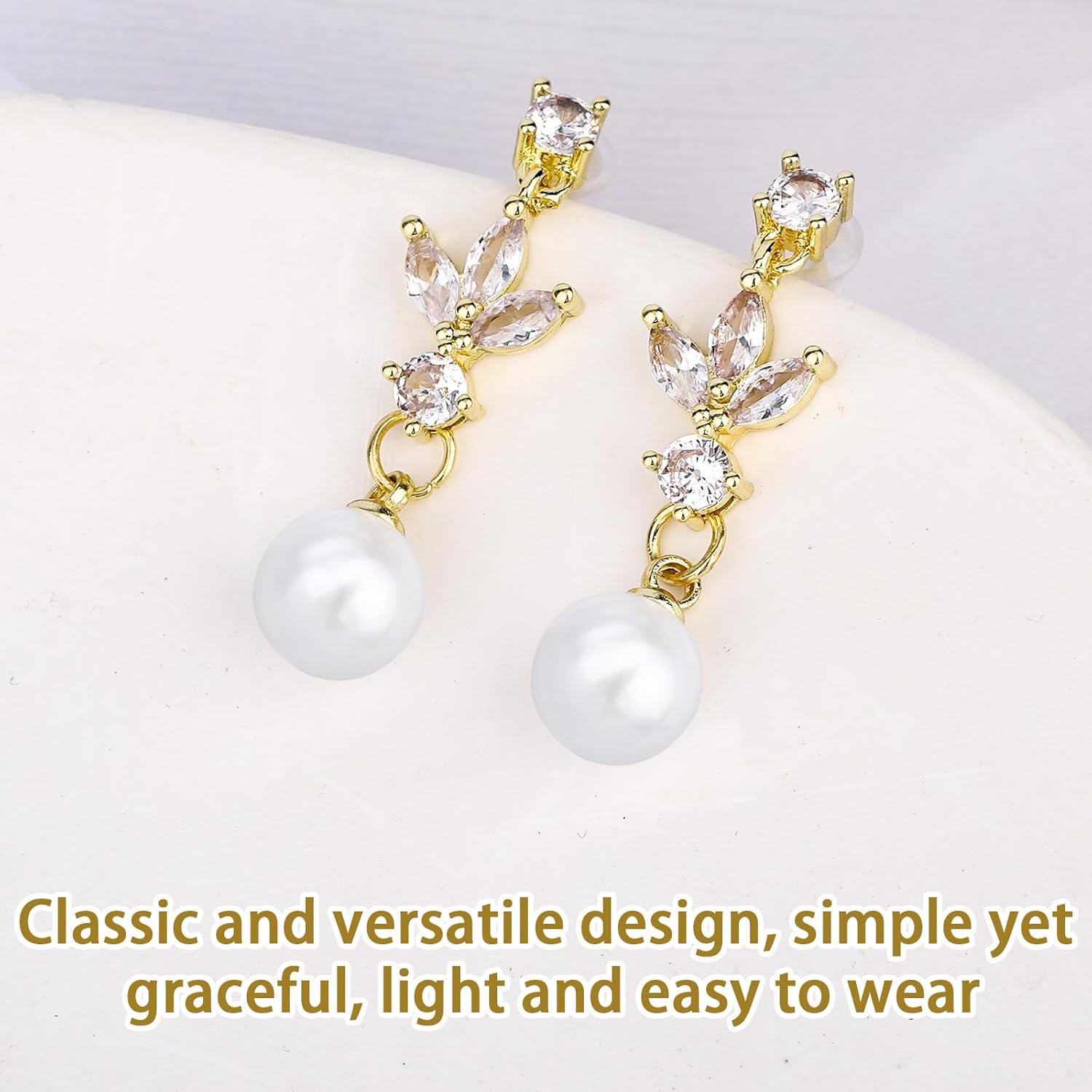 Dainty Pearl Dangle Earrings for Women, Gold Plating CZ Pearl Drop Earrings with Cubic Zirconia Wedding Jewelry for Bridal Anniversaries Prom Party Gift - Image 3
