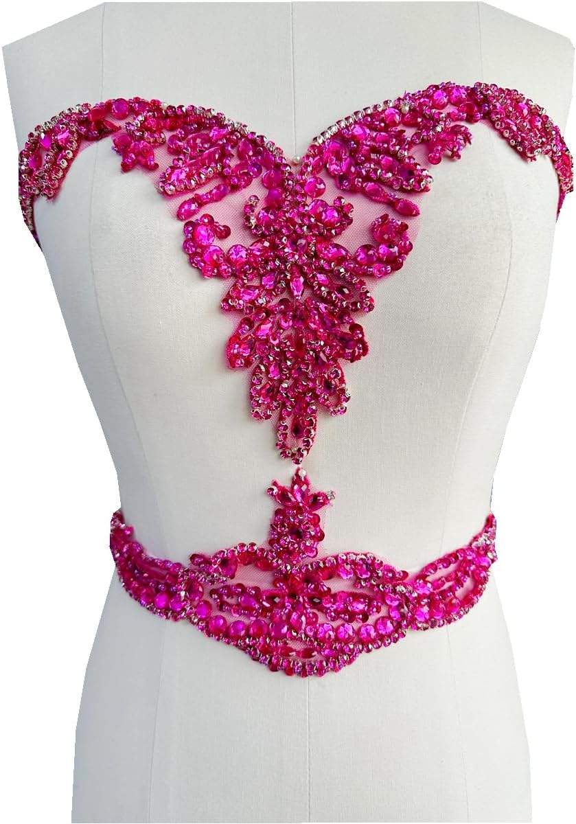 Large Size Pure handsewing Rhinestones Beads Applique for Dress Clothing Neckline and Waist Trim sew on Shining Crystal Sequins lace Patches one Set/Bag (Champagne)