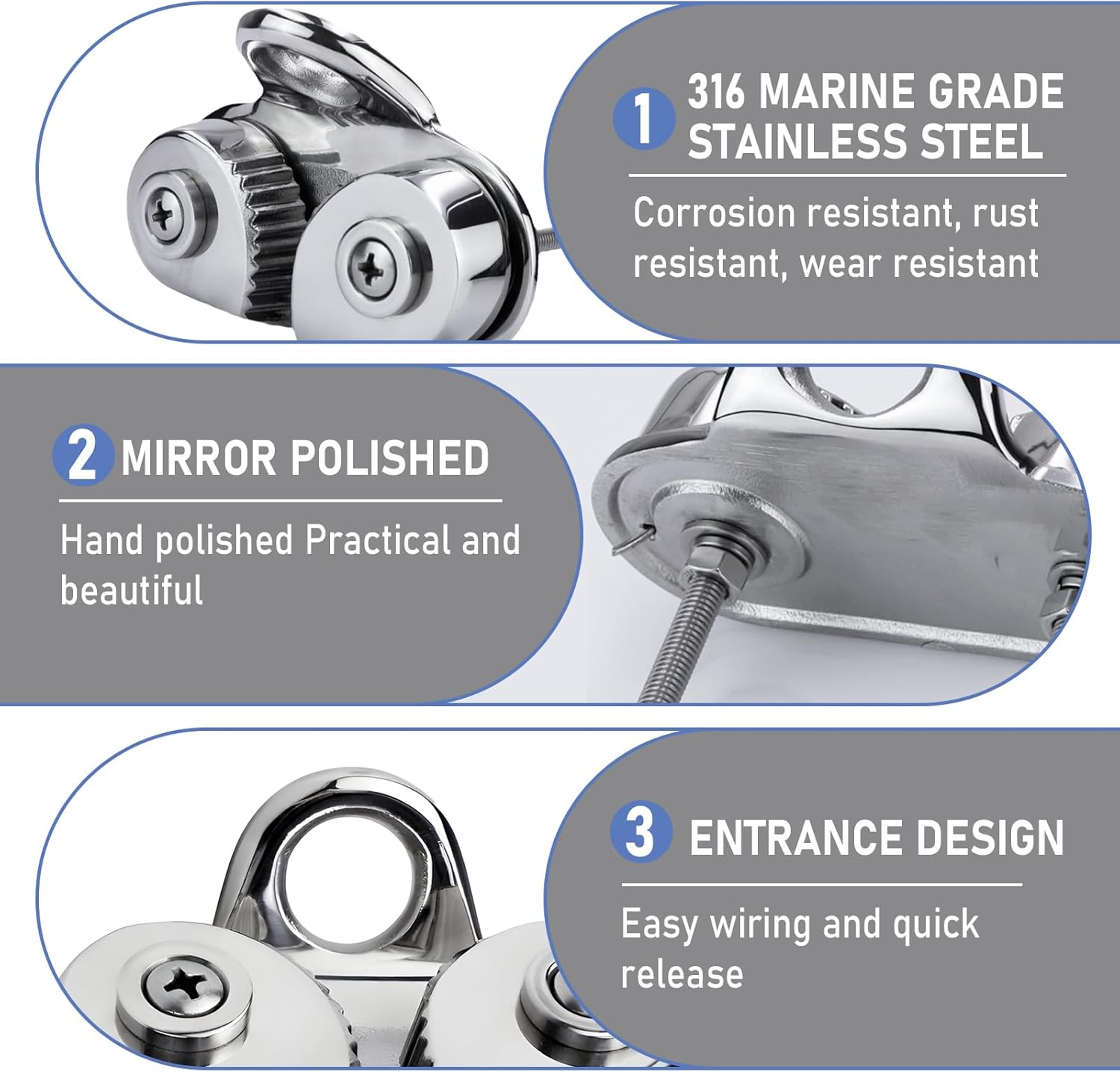 2 Pcs Stainless Steel Cam Cleat, Rust Proof Leading Ring Fairlead for Sailboat Kayak Canoe Dinghy, Fit 3 to 15mm Rope