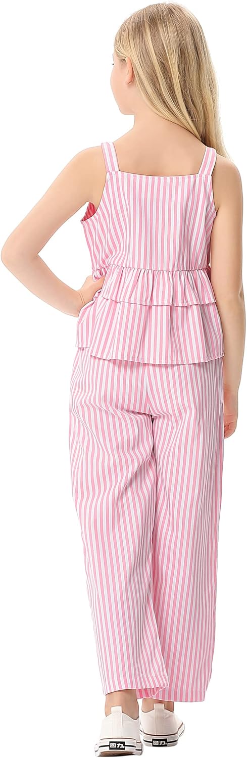Girl's 2 Piece Striped Outfits Cami Top Wide Leg Pants Ruffle Hem Summer Clothes with 2 Pockets 3-14Y