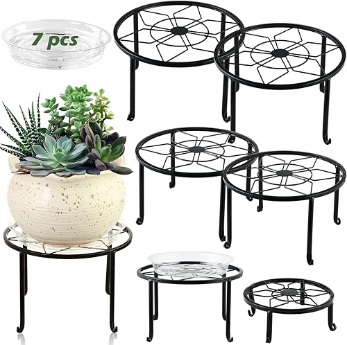 Paquete de 7 soportes de metal para plantas para interiores y exteriores, soporte para plantas en maceta de hierro a prueba de óxido, estante