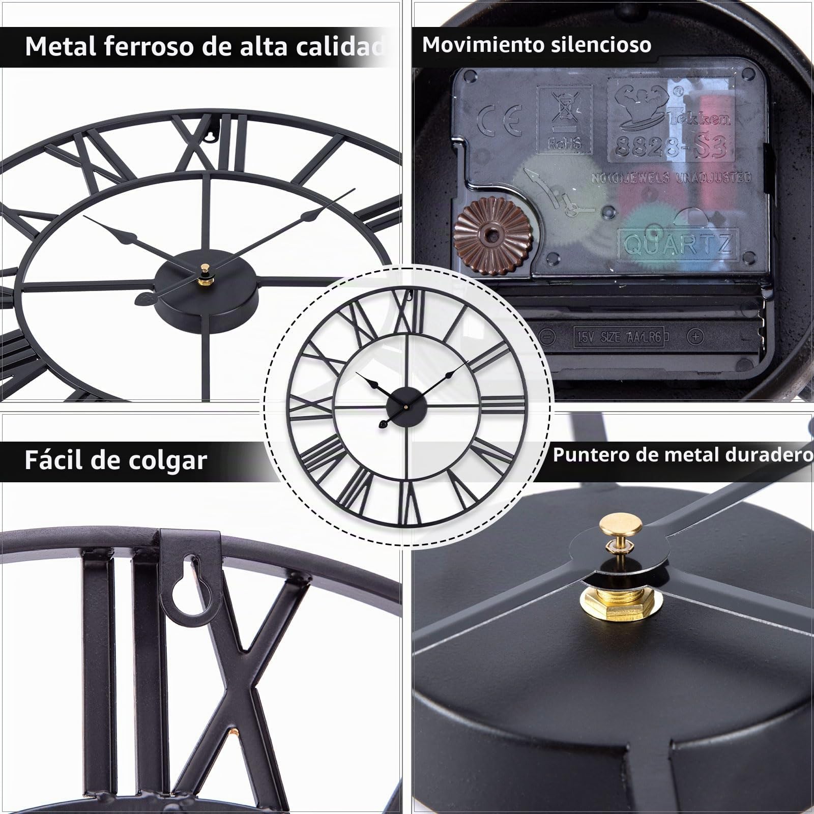 Reloj de pared grande sin tictac, silencioso, 60 cm, números romanos de cuarzo, funciona con batería, reloj de pared fácil de leer para habitaciones, hogar, cocina, dormitorio, oficina, escuela