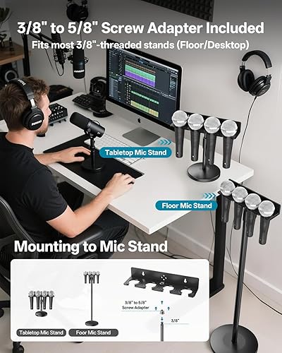 Miniatura 6 de Soporte de micrófono múltiple para 4 micrófonos - 4 tipos de instalación montaje en pared sin taladro (paredes lisas), montaje en pared perforado