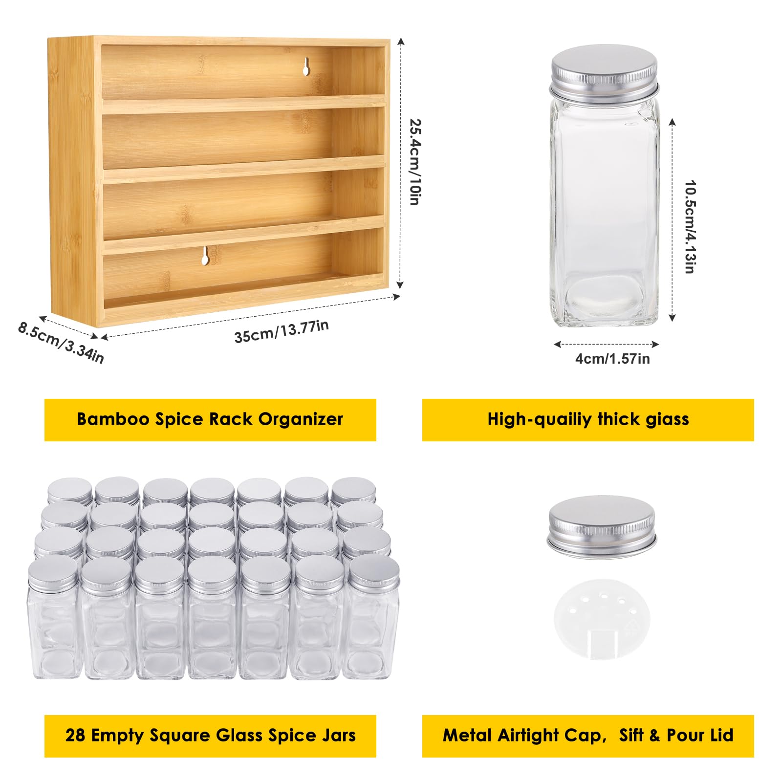 Bambus-Gewürzregal-Organizer mit 28 Gewürzgläsern, 396 Etiketten, 4-stöckiges Holz-Hängeregal, Kreidemarker und Trichter, Set für Schublade, Schrank, Küche, Wandhalterung, leeres Glas und Streudeckel