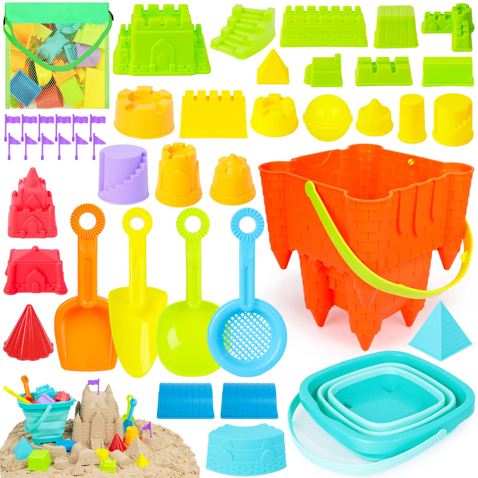 AMOR PRESENT 46PCS Beach Toys for Kids, Castle Molds Sand Molds Foldable Beach Bucket Shell Collecting Bags for Outdoor Summer Beach Party