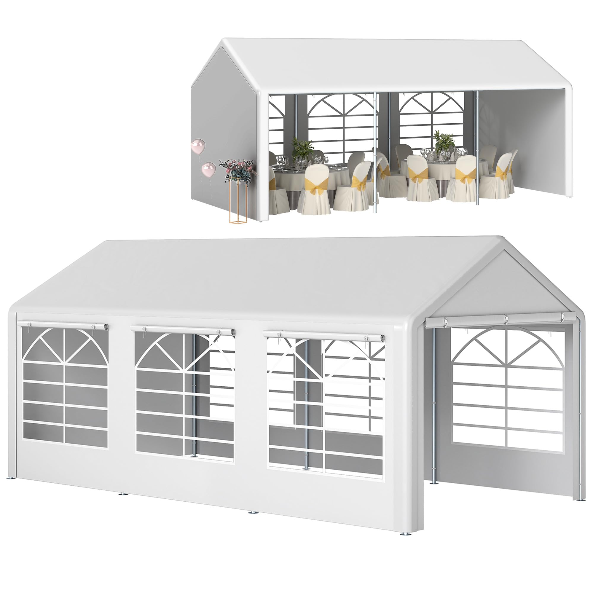 Outsunny Gazebo da Giardino 6x3 m con Finestre Laterali 3 Stanze Bianco