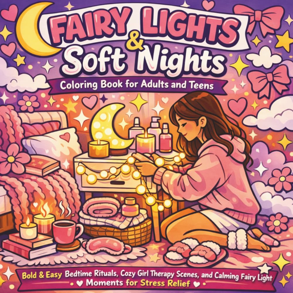 Fairy Lights & Soft Nights: Cozy Girl Coloring Book: 50 Whimsical Hygge-Inspired Illustrations for Women & Teens | Stress-Relief Self-Care Art