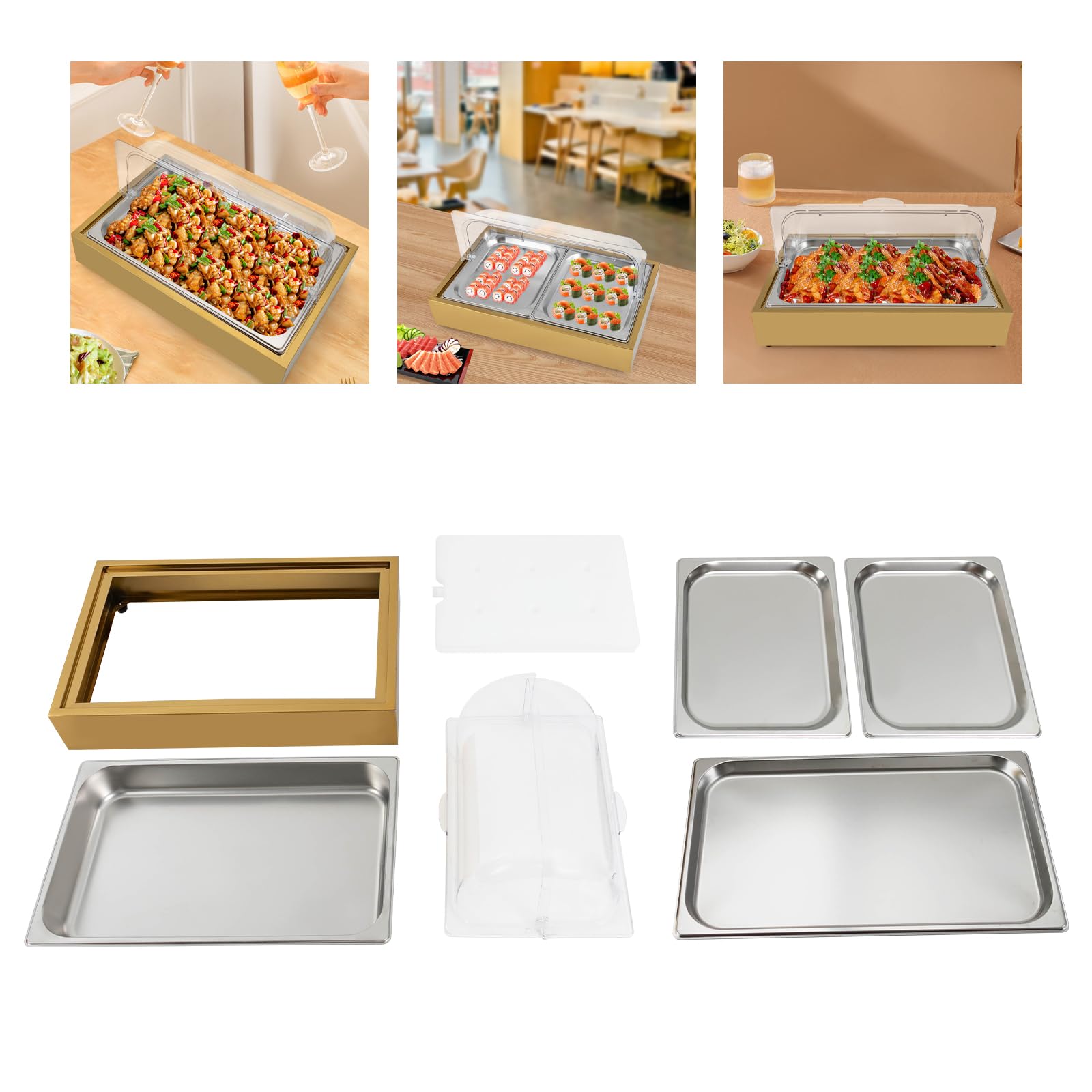 ACNAO Modern Gold Reusable Food Display Tray with 2 Compartments, 6L Capacity, Clear Top Cover, Buffet Cold Serving Cooler Platter