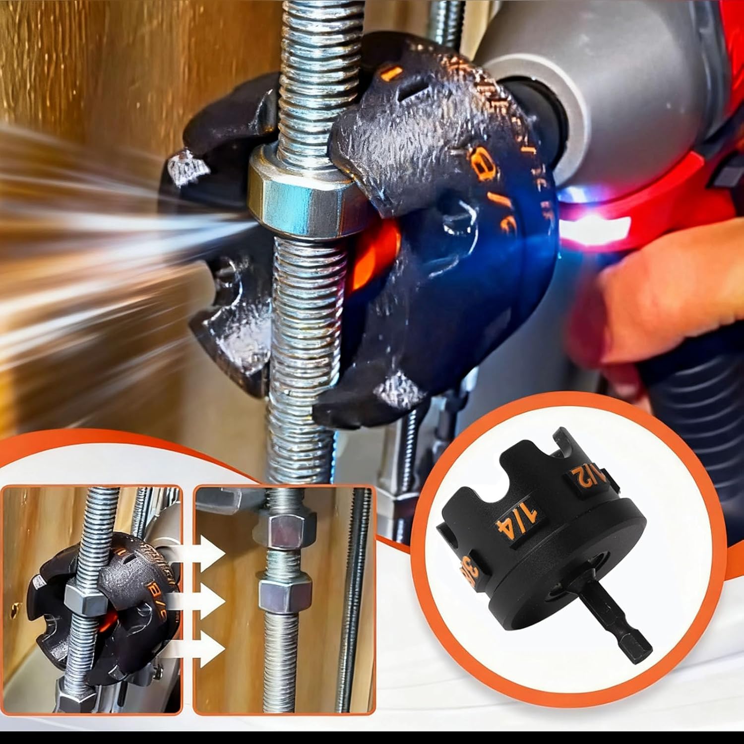 Nut Spinning Drill Attachment for 1/4", 3/8", 1/2" Threaded Rods – Hex-Shank Nut Driver Extractor for Conduit Racks & Strut Systems – Fast Nut & Bolt Removal Tool - Image 2