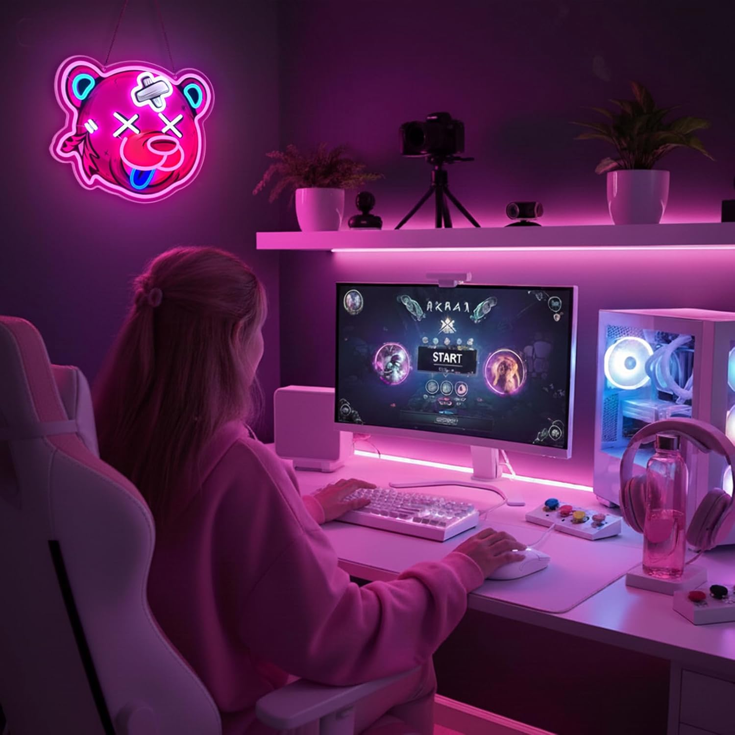 Pink Bear Neon Sign, Bear Head Neon Signs for Wall Decor, Dimmable Acrylic Neon Lights for Girls Room Bedroom Game Room Club Bar Party Decorations, Perfect Gifts