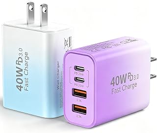 USB C Wall Fast Charger Block, 40W 4-Port Type C Chargers Fast Charging Blocks PD Power Charger Adapter+QC 3.0 USB Multiport Charger Brick for Phone 17/16/15/14/13/12 Pro Max, i-Pad, Galaxy S25-2Pack